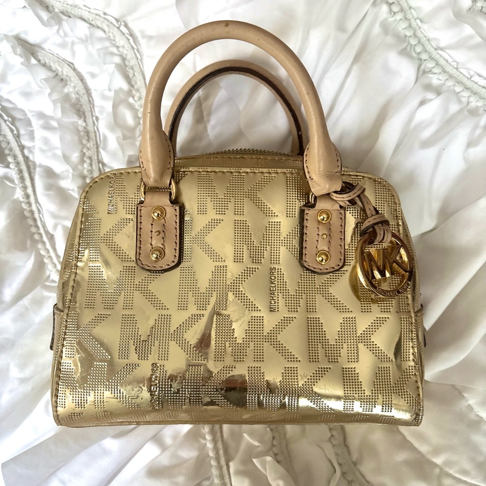MICHAEL KORS Mia Satchel Gold Mirror Metallic Monogram MK Logo Purse
